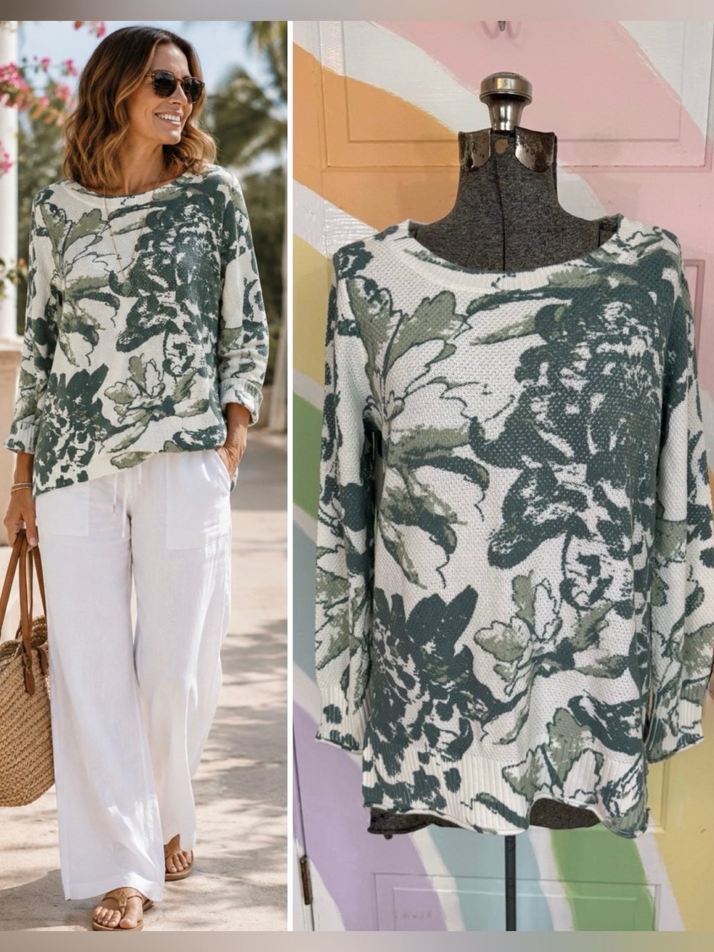 Soft Surroundings Marin 100% Cotton Lightweight Botanical Floral Sweater Sz S🍄